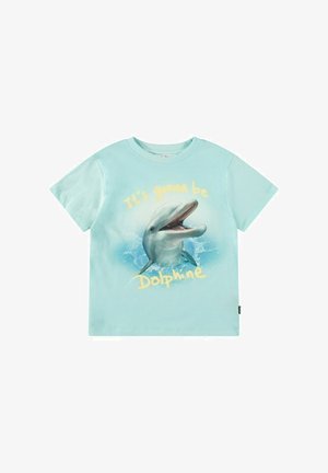 Turquoise katoenen t-shirt met korte mouwen, voorzien van een gedrukt dolfijn en de tekst "Het wordt een Dolfijn" in het geel.
