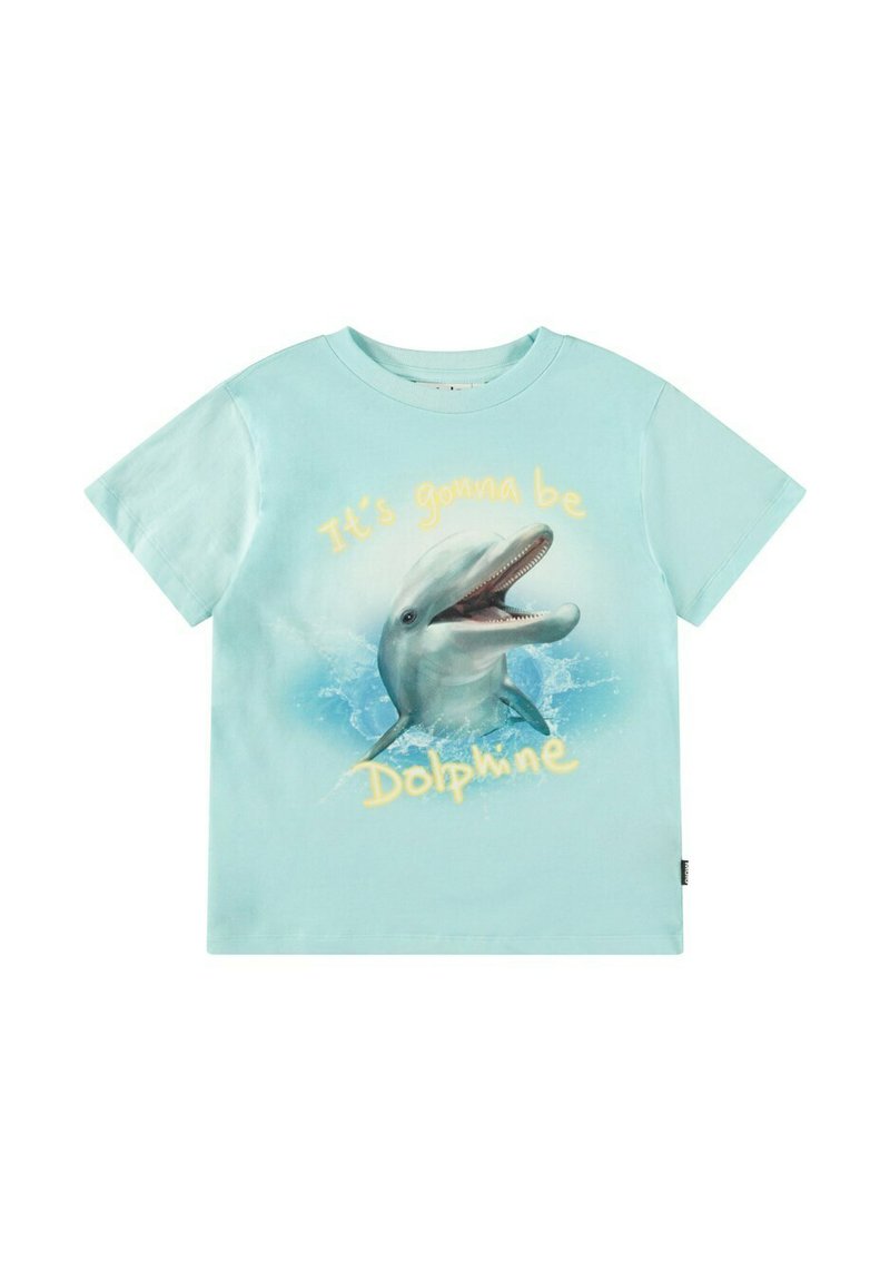 Turquoise katoenen t-shirt met korte mouwen, voorzien van een gedrukt dolfijn en de tekst "Het wordt een Dolfijn" in het geel.