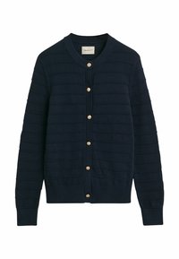 Marineblaues Cardigan mit geripptem Textur, Knopfverschluss vorne und rundem Halsausschnitt. Mit goldfarbenen Knöpfen und langen Ärmeln.