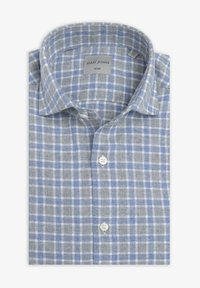 Camicia a quadri blu e grigio con vestibilità slim, colletto button-down e bottoni bianchi. Tessuto morbido con motivo a scacchi. Etichetta visibile all'interno del colletto.