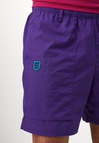 Lilla shorts lavet af letvægtsstof, med en elastisk linning. En blå skjold-logo med et løveemblem er syet på venstre side.