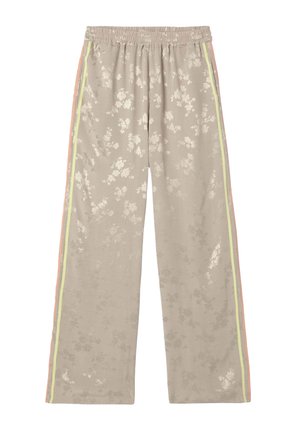 Pantalon beige à jambes larges avec un motif floral subtil, taille élastique et double bande latérale pastel en tons jaunes et pêche.