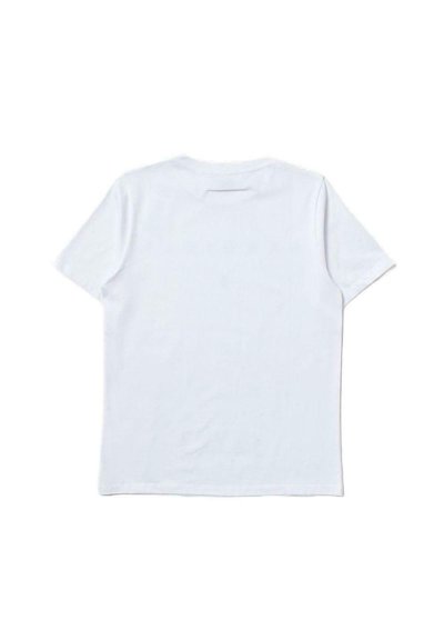 T-shirt bianco a maniche corte realizzato in cotone morbido, con un semplice scollo rotondo e una schiena liscia senza modelli o dettagli.