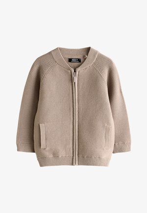 Light beige ribbed knit zip-up cardigan with two front pockets and ribbed cuffs, neckline, and hem, designed for children.