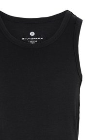 Sort bomulds tanktop med rund halsudskæring, der har en glat tekstur og et mærke, der viser brand- og størrelsesoplysninger.