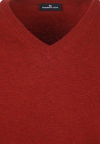 Roter Strickpullover mit V-Ausschnitt-Design. Hergestellt aus weichem Material, mit einem gerippten Kragen und gleichmäßiger Textur im gesamten Stoff.
