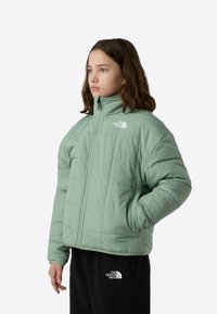 Lysegrøn dunjakke med quiltet tekstur og høj krave. Har sidelommer og et logo på brystet, båret med sorte bukser.