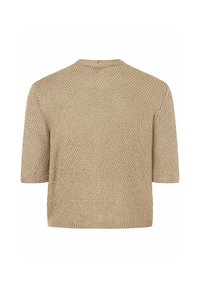Beige gestrickter Kurzarmpullover mit lockerer Passform, der ein strukturiertes Muster und einen runden Halsausschnitt aufweist. Keine sichtbaren Verschlüsse.