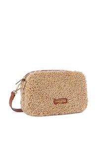 Beige fleece bag with a textured, fluffy exterior, brown leather accents, gold zipper hardware, and "Lancaster Paris" logo.
