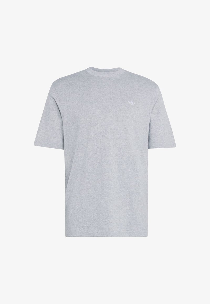Lysegrå T-shirt med korte ærmer og rund halsudskæring med lille hvid Adidas-logo på venstre bryst.