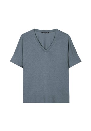 Short-sleeve, blue-gray V-neck knit shirt with a ribbed hem and a small logo detail near the bottom edge.