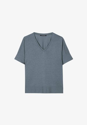 Short-sleeve, blue-gray V-neck knit shirt with a ribbed hem and a small logo detail near the bottom edge.