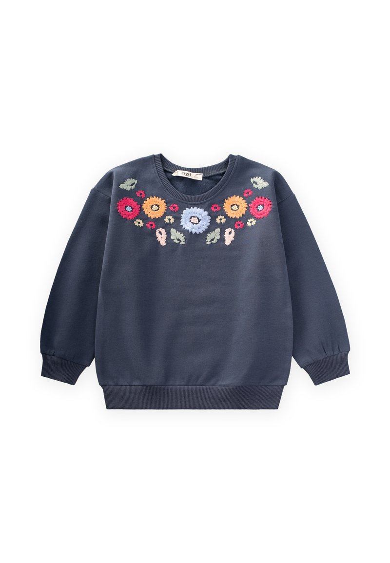 Felpa blu navy con colletto rotondo e maniche lunghe, caratterizzata da un motivo ricamato floreale colorato sul petto in rosa, arancione e blu.
