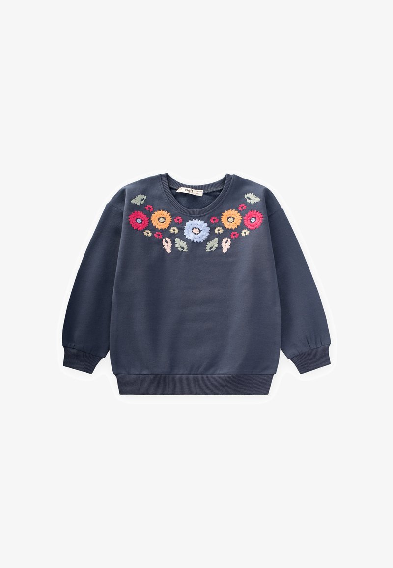 Felpa blu navy con colletto rotondo e maniche lunghe, caratterizzata da un motivo ricamato floreale colorato sul petto in rosa, arancione e blu.