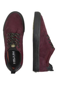 Burgundy suede sneakers with black rubber soles, featuring textured mesh panels and black laces with yellow accents.