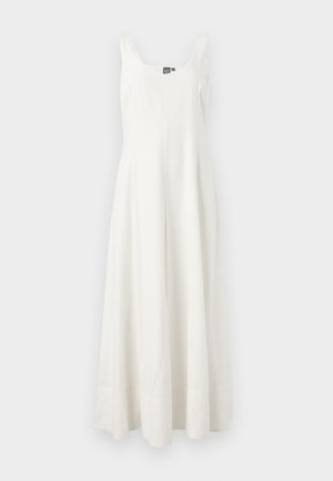 Witte, mouwloze maxi jurk van lichtgewicht stof, met een aansluitende bovenkant en een vloeiende rok, met een minimalistisch ontwerp en zonder zichtbare patronen.