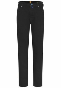 Pantalons en denim noir avec une coupe droite, fermeture éclair à l'avant et poches avant. Comprend un bouton bleu accentué et des coutures décoratives.