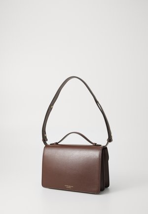 Brown leather handbag with a structured design, flat rectangular shape, top handle, and adjustable shoulder strap. Features metallic accents.