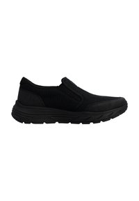 Schwarzer Slip-On-Sneaker mit Mesh-Obermaterial, gepolsterter Sohle und profiliertem Außenlauf, entworfen für Freizeit- und Sportswear.