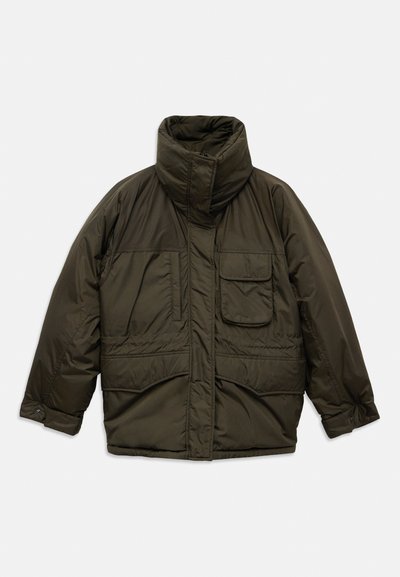 Dark olive green puffer jacket with high collar, front flap pocket, long sleeves with buttoned cuffs, and a zip closure hidden by a placket.
