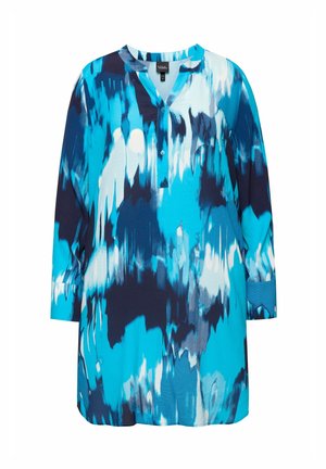 Sininen ja tummansininen pitkähihainen paita napituksella, jossa on abstrakti vesivärikuvio ja rento malli. Sujuva kankaan pinta.