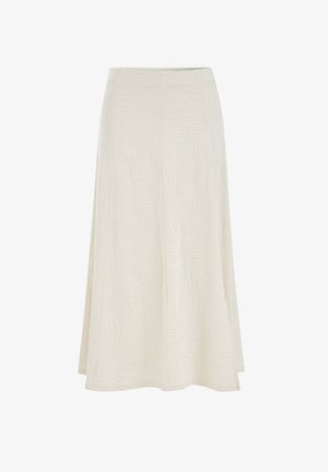 Mlečno bela midi krilo A-oblika z subtilnim reliefnim vzorcem listov in prilegajočim pasom.