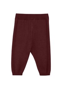 Burgunderfarbene Babyhosen mit einem gerippten Taillenbund und Saum, die vertikale Strickstrukturen und einen lässigen Schnitt aufweisen.