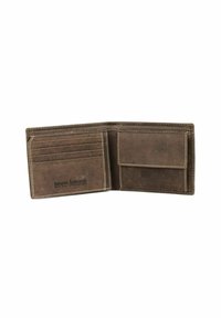 Brown leather wallet with multiple card slots and a side pocket. Features white stitching and a subtle brand logo. Textured surface.