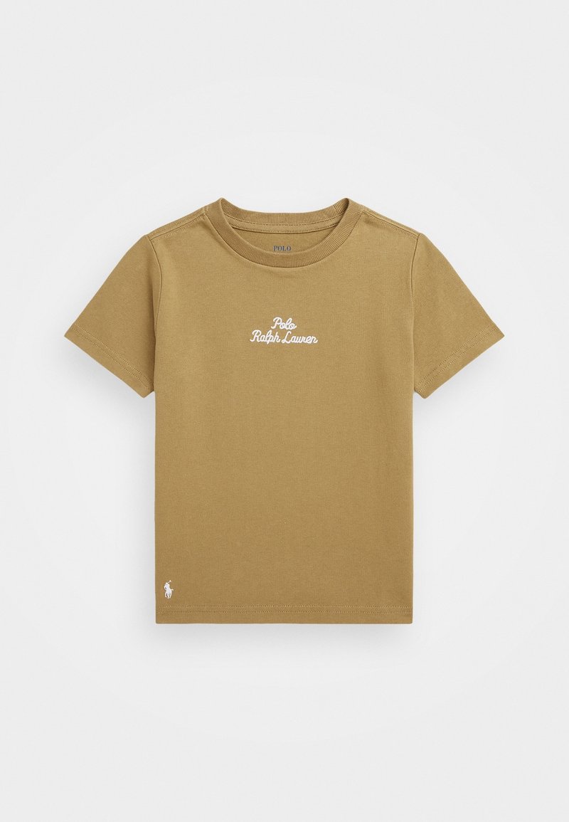 Maglietta beige a maniche corte per bambino piccolo con "Polo Ralph Lauren" ricamato in bianco sul petto e un piccolo logo vicino all'orlo.