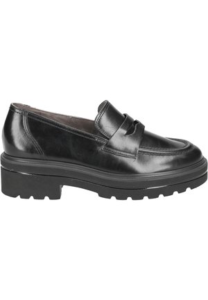 Black leather loafers with a rounded toe, featuring a decorative strap across the front and a chunky rubber sole with treads.