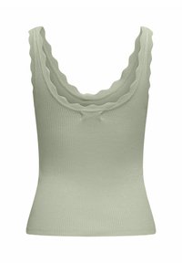 Top sin mangas de color verde claro con escote ondulado y tirantes. Su diseño ajustado resalta la cintura con una textura suave.