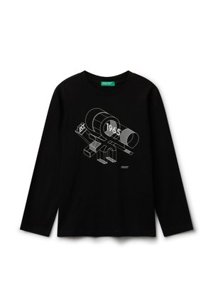 Zwarte langmouw T-shirt met een wit geometrisch 3D-ontwerp en de tekst "1965" op de voorkant, uitgerust met het logo van United Colors of Benetton.