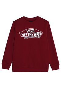 Felpa girocollo rossa con logo bianco Vans "Off The Wall" a forma di skateboard sul petto, polsini e orlo a coste.