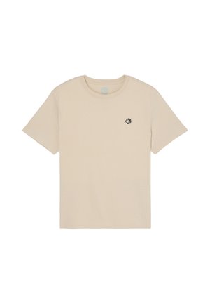Beige T-shirt met korte mouwen, een ronde hals en een klein zwart-wit cartoonlogo op de linkerborst.