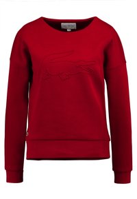 Red sweatshirt made of cotton with a crew neck, long sleeves, and embossed crocodile logo on the front. Ribbed cuffs and hem.