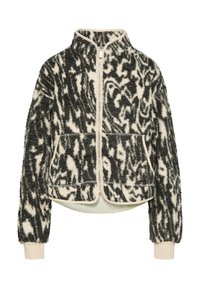 Fleece jack met een hoge kraag, voorzien van een zwart-wit abstract patroon, volledige rits, twee zijzakken en een crèmekleurige afwerking.
