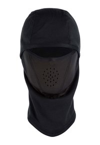 Balaclava nera in tessuto elastico e traspirante con una texture liscia. Presenta fori di ventilazione nella parte del viso e una vestibilità aderente.