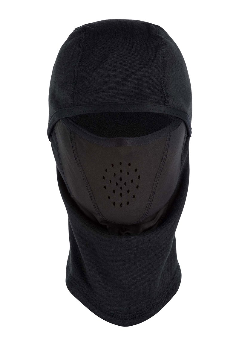 Balaclava nera in tessuto elastico e traspirante con una texture liscia. Presenta fori di ventilazione nella parte del viso e una vestibilità aderente.