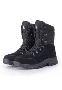 Stivali da trekking neri con parte superiore in suede e tessuto, design con lacci, caviglie imbottite e suola in gomma testurizzata con motivo geometrico.