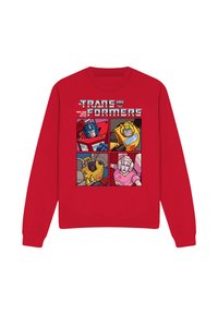 Red sweatshirt with four colorful cartoon Transformers characters and "Transformers" logo and tagline on the chest.