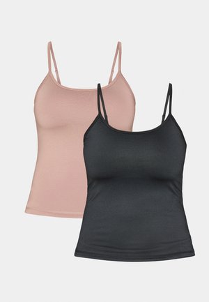 Due canotte: una in rosa tenue, l'altra in nero. Entrambe presentano spalline sottili, un design aderente e sono realizzate in tessuto liscio ed elastico.