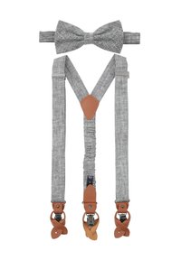 Graue Stoffträger mit braunen Lederakzenten und Clips; enthalten eine passende Fliege. Strukturiertes Material mit einem dezenten Muster.