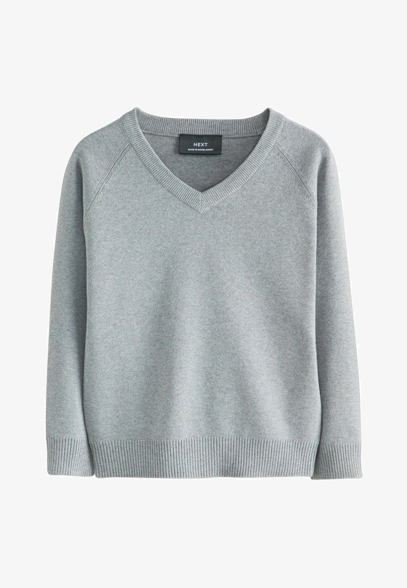 Pull gris clair à col en V et manches longues avec poignets et ourlet côtelés, avec une étiquette de la marque NEXT au niveau du col.