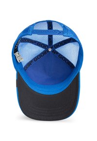 Gorra trucker de malla azul con visera curva negra, ajustable con snapback, y bandas interiores negras de marca que dicen "GOORIN'".