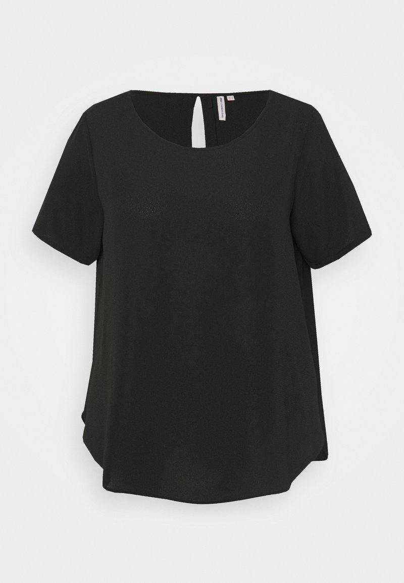 Blouse noire à manches courtes avec encolure ronde et détail goutte dans le dos, présentée sur un fond uni clair.