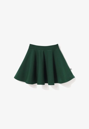 Zielona rozkloszowana spódnica wykonana z miękkiego materiału, z gładkim paskiem w talii i bezszwowym dołem. Design ma klasyczny, trapezowy krój.