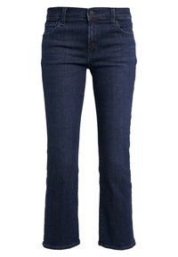 Jeans de mezclilla de color azul oscuro, de corte recto, con una cinturilla de altura media, diseño de cinco bolsillos y detalles de costura sutiles.