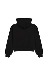 Haut cropped noir avec une grande capuche, des poignets et un ourlet côtelés. Texture lisse, design minimaliste, sans logos ni motifs visibles.