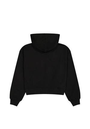 Sudadera corta negra con una gran capucha, puños y dobladillo acanalados. Textura suave, diseño minimalista, sin logotipos ni patrones visibles.