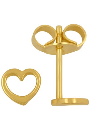 Il portachiavi in metallo dorato presenta un design a doppio anello con un gambo dritto e un accento a forma di cuore. Texture liscia con una finitura lucida.